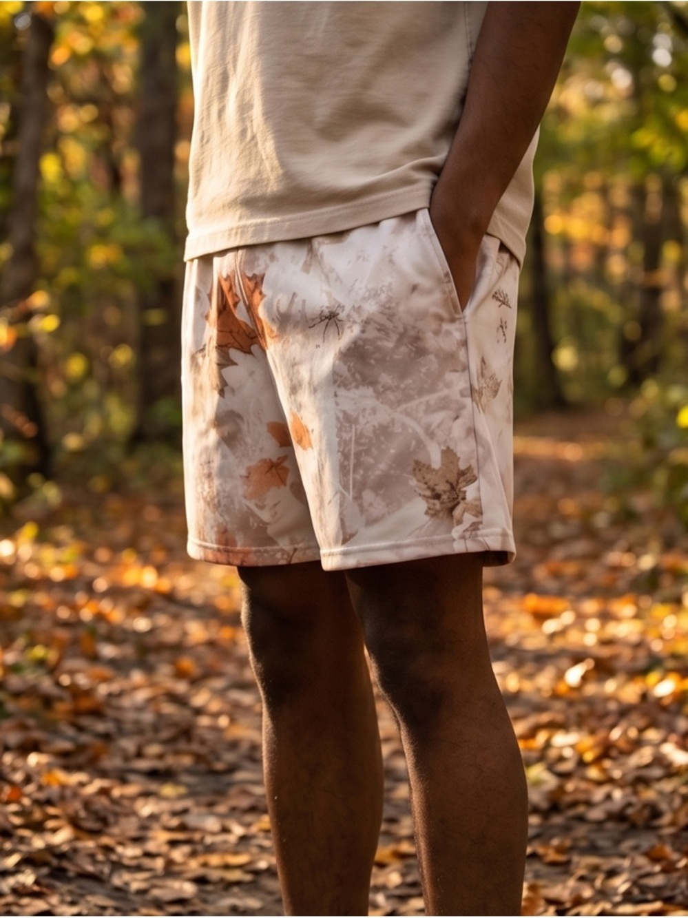 Source Unknown Leaf-Print Athletic Shorts in Cream & Brown